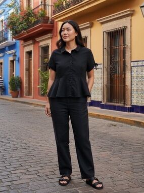 Elle black peplum tie sleeve button down top xxl